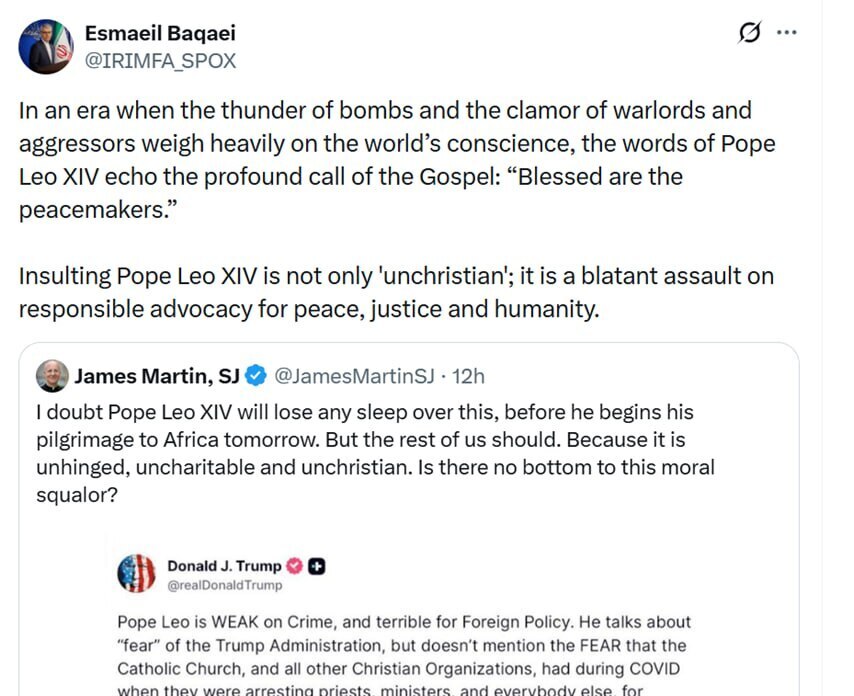 واکنش سخنگوی وزارت امور خارجه به به توهین ترامپ به پاپ