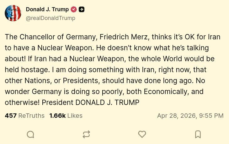 وحشت ترامپ از سلاح هسته‌ای ایران در پست جدیدش